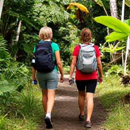 Caribbean Holidays, Guadeloupe Walking Holidays, A well-prepared couple walking on a Guadeloupe trail with tropical scenery, hiking footwear, water and a light backpack