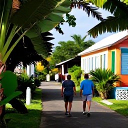 Caribbean Holidays, Guadeloupe Walking Holidays, Friendly walkers enjoying a shaded village path in Guadeloupe with colourful houses and tropical gardens