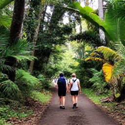 Caribbean Holidays, Guadeloupe Walking Holidays, Hikers following a forest path through Guadeloupe National Park beneath tall tropical trees