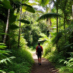 Caribbean Holidays, Guadeloupe Walking Holidays, Hikers following a green trail through Guadeloupe's tropical rainforest in gentle January sunshine