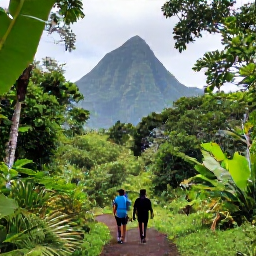 Caribbean Holidays, Guadeloupe Walking Holidays, Hikers walking through lush tropical forest on Guadeloupe with volcanic mountains in the distance