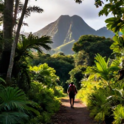 Caribbean Holidays, Guadeloupe Walking Holidays, Hikers walking through lush tropical rainforest on a marked trail in Guadeloupe, with volcanic mountains and filtered morning sunlight