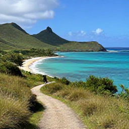 Caribbean Holidays, Guadeloupe Walking Holidays, Panoramic coastal walking trail overlooking turquoise Caribbean water, green hills and a small sandy beach in Guadeloupe