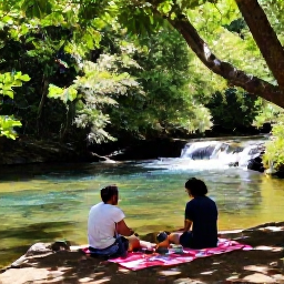 Caribbean Holidays, Guadeloupe Walking Holidays, Relaxed hikers enjoying a shaded picnic beside a clear stream in Guadeloupe after a morning walk