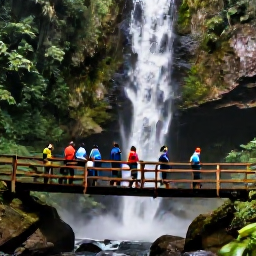 Caribbean Holidays, Guadeloupe Walking Holidays, Walkers crossing a wooden footbridge beside a powerful tropical waterfall in Guadeloupe rainforest
