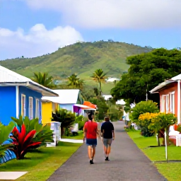 Caribbean Holidays, Guadeloupe Walking Holidays, Walkers enjoying a peaceful village lane in Guadeloupe, with colourful Creole houses, tropical gardens and distant green hills