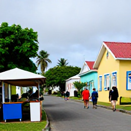 Caribbean Holidays, Guadeloupe Walking Holidays, Walkers exploring a quiet Guadeloupe village street near colourful houses, local food stalls and tropical gardens