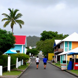 Caribbean Holidays, Guadeloupe Walking Holidays, Walkers exploring a quiet Guadeloupe village street with colourful Creole houses, tropical gardens and a local market