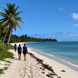 Caribbean Holidays, Guadeloupe Walking Holidays, Walkers following a coastal path beside a calm Caribbean sea and a sandy Guadeloupe beach