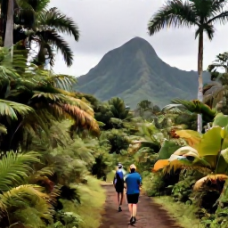 Caribbean Holidays, Guadeloupe Walking Holidays, Walkers following a rainforest path through Guadeloupe&rsquo;s tropical Basse-Terre landscape, with ferns, palms and volcanic mountains