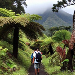 Caribbean Holidays, Guadeloupe Walking Holidays, Walkers following a shaded rainforest path near La Soufriere in Guadeloupe, with ferns, giant trees and misty volcanic scenery