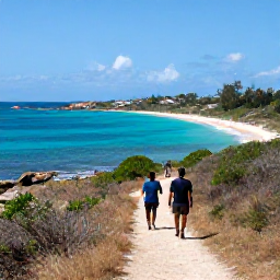Caribbean Holidays, Guadeloupe Walking Holidays, Walkers on a coastal path overlooking turquoise water and a sandy beach on Grande-Terre