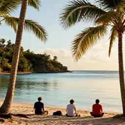 Caribbean Holidays, Guadeloupe Walking Holidays, Walkers resting at a Guadeloupe beach after a tropical hike, with calm turquoise water, palm trees and warm late-afternoon light