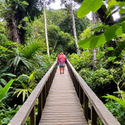 Caribbean Holidays, Guadeloupe Walking, Walkers crossing a wooden footbridge in the dense tropical rainforest of Basse-Terre