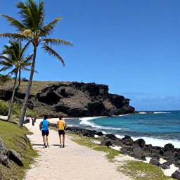 Caribbean Holidays, Guadeloupe Walking, Walkers exploring a coastal path beside a quiet Guadeloupe beach, with palm trees, volcanic cliffs and turquoise sea