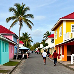 Caribbean Holidays, Guadeloupe Walking, Walkers exploring a colourful Guadeloupe village street with Creole houses, palms and a local market
