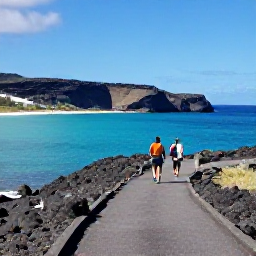 Caribbean Holidays, Guadeloupe Walking, Walkers on a coastal path in Guadeloupe with turquoise Caribbean water, volcanic cliffs and bright December sunshine