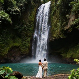 Caribbean Holidays, Guadeloupe Weddings, A couple exploring a lush Guadeloupe waterfall and rainforest landscape after their wedding, with clear pools and tropical vegetation