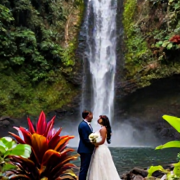 Caribbean Holidays, Guadeloupe Weddings, A couple exploring Guadeloupe after their wedding, standing beside a rainforest waterfall with tropical plants and bright natural scenery