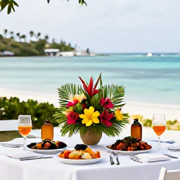 Caribbean Holidays, Guadeloupe Weddings, A French-Caribbean wedding table in Guadeloupe with tropical flowers, local dishes, rum cocktails and a view of the sea