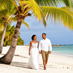 Caribbean Holidays, Guadeloupe Weddings, A happy wedding couple walking beside a palm-fringed Guadeloupe beach in warm May sunshine