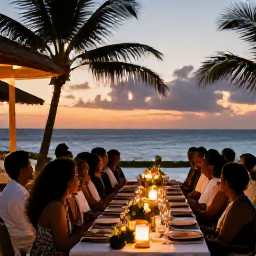 Caribbean Holidays, Guadeloupe Weddings, A joyful Caribbean wedding reception in Guadeloupe with guests dining outdoors, tropical table decorations, lanterns and a sunset ocean view
