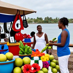 Caribbean Holidays, Guadeloupe Weddings, A newlywed couple exploring a colourful Guadeloupe market, with tropical fruit, flowers, local crafts and friendly island scenery