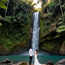 Caribbean Holidays, Guadeloupe Weddings, A newlywed couple exploring a lush Guadeloupe waterfall and rainforest landscape, with tropical greenery, clear water and soft afternoon light