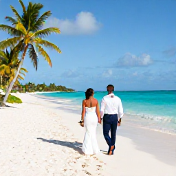 Caribbean Holidays, Guadeloupe Weddings, A newlywed couple walking along a bright white Caribbean beach in Guadeloupe in July, with turquoise sea and palm trees