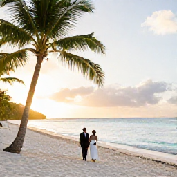 Caribbean Holidays, Guadeloupe Weddings, A newlywed couple walking along a quiet white-sand beach in Guadeloupe at sunset, with palm trees, turquoise sea and warm Caribbean light