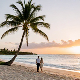 Caribbean Holidays, Guadeloupe Weddings, A newlywed couple walking beside a tropical Guadeloupe beach at sunset, with palm trees, calm turquoise sea and warm golden light