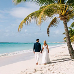 Caribbean Holidays, Guadeloupe Weddings, A newlywed couple walking hand in hand along a quiet white-sand beach in Guadeloupe beneath palm trees, warm February sunshine and turquoise sea