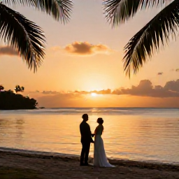 Caribbean Holidays, Guadeloupe Weddings, A newlywed couple watching the sunset from a Guadeloupe beach, with soft golden light, calm water and palm silhouettes
