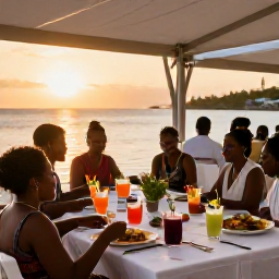 Caribbean Holidays, Guadeloupe Weddings, A relaxed wedding reception at a seaside restaurant in Guadeloupe, with local food, tropical drinks and guests enjoying the sunset
