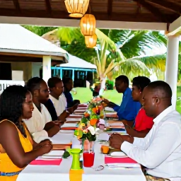 Caribbean Holidays, Guadeloupe Weddings, A wedding couple and guests enjoying a colourful Creole dinner at an outdoor Guadeloupe restaurant, with lanterns, tropical scenery and festive tables