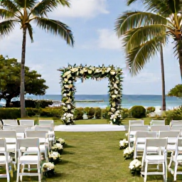 Caribbean Holidays, Guadeloupe Weddings, An elegant outdoor wedding ceremony in a tropical garden in Guadeloupe, decorated with simple flowers and views towards the sea