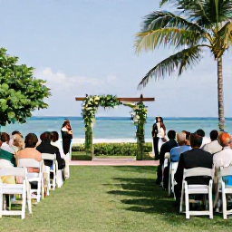 Caribbean Holidays, Guadeloupe Weddings, An elegant outdoor wedding ceremony in a tropical Guadeloupe garden, with white chairs, simple flowers and guests enjoying views towards the Caribbean Sea