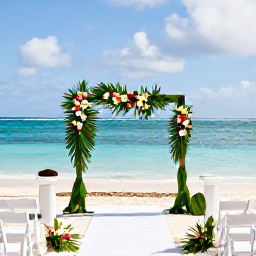 Caribbean Holidays, Guadeloupe Weddings, An outdoor wedding ceremony on a Guadeloupe beach, decorated with simple tropical flowers, white chairs and views across the Caribbean Sea