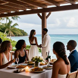 Caribbean Holidays, Guadeloupe Weddings, Bride and groom enjoying a relaxed wedding reception on a shaded tropical terrace in Guadeloupe, Caribbean food, candles and sea view