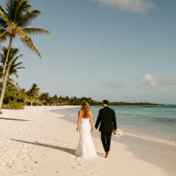 Caribbean Holidays, Guadeloupe Weddings, Bride and groom walking along a quiet Guadeloupe beach in warm April sunshine, with turquoise water and palm trees
