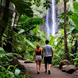 Caribbean Holidays, Guadeloupe Weddings, Couple exploring a lush Guadeloupe rainforest trail near a waterfall, tropical greenery, relaxed holiday clothing and bright daylight