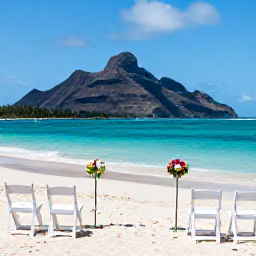 Caribbean Holidays, Guadeloupe Weddings, Elegant beach wedding ceremony in Guadeloupe with white chairs, simple flowers, turquoise sea and volcanic mountain landscape in the background