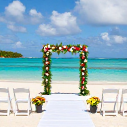 Caribbean Holidays, Guadeloupe Weddings, Elegant beach wedding ceremony in Guadeloupe with white chairs, tropical flowers and turquoise sea