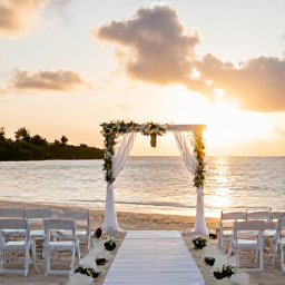 Caribbean Holidays, Guadeloupe Weddings, Elegant outdoor wedding ceremony on a Guadeloupe beach at sunset, decorated with simple flowers and white chairs
