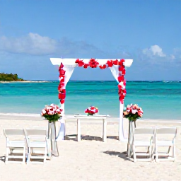 Caribbean Holidays, Guadeloupe Weddings, Elegant seaside wedding ceremony on a quiet Guadeloupe beach with tropical flowers and turquoise water