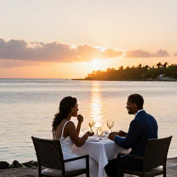 Caribbean Holidays, Guadeloupe Weddings, Newly married couple enjoying a sunset dinner at a waterfront restaurant in Guadeloupe