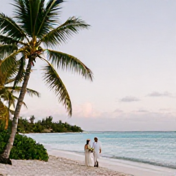 Caribbean Holidays, Guadeloupe Weddings, Newly married couple walking beside a calm turquoise Caribbean beach in Guadeloupe in November, soft afternoon sunlight, tropical palms