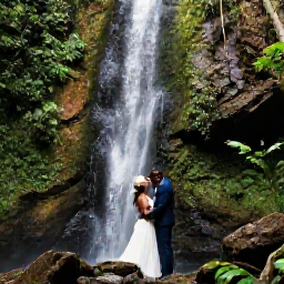 Caribbean Holidays, Guadeloupe Weddings, Newlywed couple exploring a tropical waterfall and rainforest in Guadeloupe after their wedding