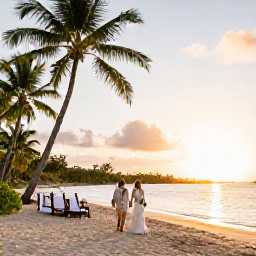 Caribbean Holidays, Guadeloupe Weddings, Newlywed couple walking along a palm-fringed Guadeloupe beach at sunset, relaxed Caribbean wedding atmosphere