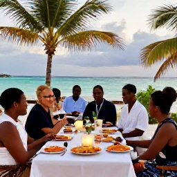 Caribbean Holidays, Guadeloupe Weddings, Newlyweds and wedding guests enjoying a relaxed beach reception in Guadeloupe with tropical food and lanterns